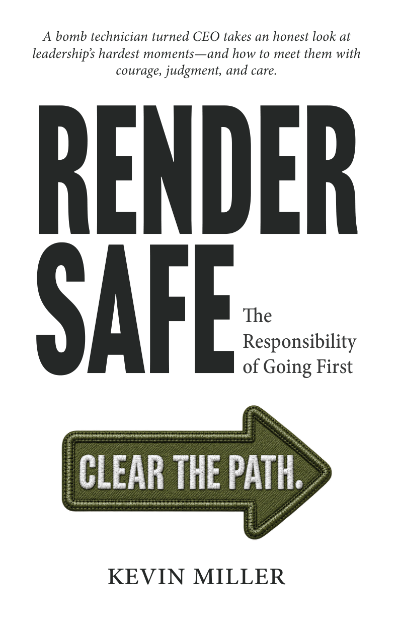 Render Safe cover: The Responsibility of Going First by Kevin Miller, with an olive Clear the Path patch